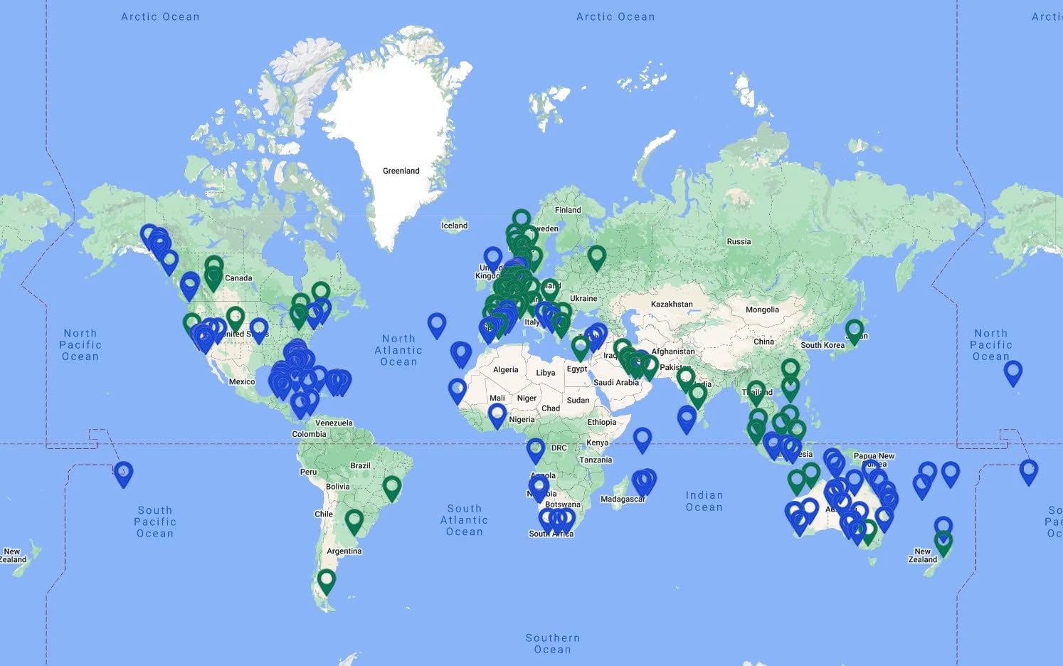 World map with pins on the places Everyplace has visited, across six continents